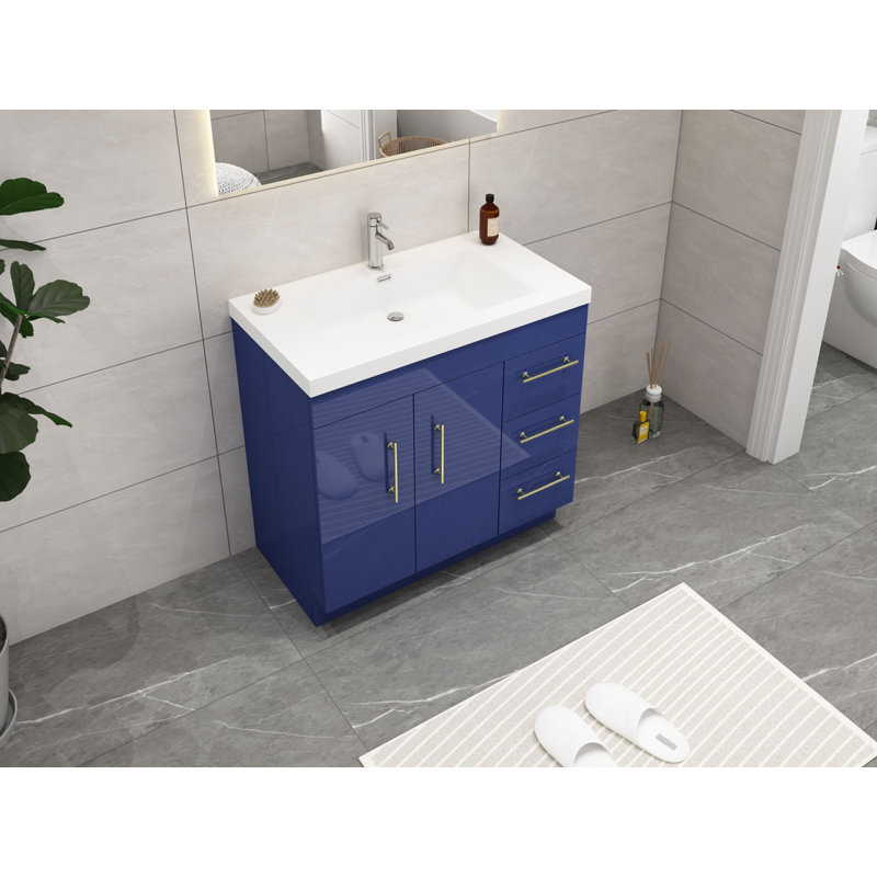 Carliss 36'' Single Bathroom Vanity with Acrylic Top, Glossy Night Blue, Sliver