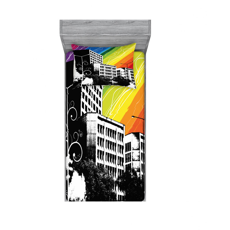 Ensemble de draps en ciel d’inspiration immeubles, Ensemble de draps pour lit simple avec drap-housse