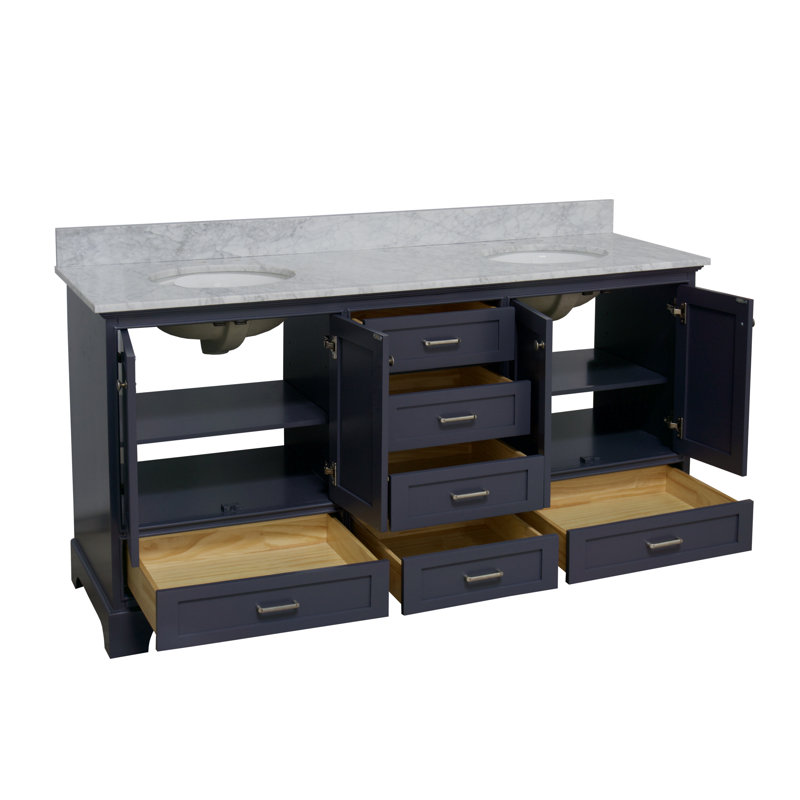 Ensemble de meuble-lavabo double 72 po Larosa, Gris marine, Marbre de Carrare