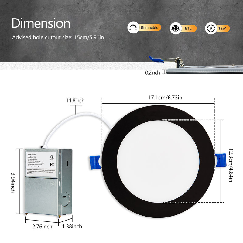 Plafonnier encastré 6 po à DEL avec lumière de nuit encastrée 6 ", 5CCT, 12W, paquet de 12, Noir