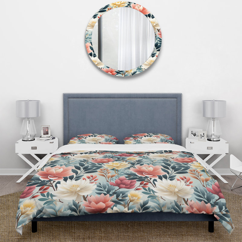 Ensemble de housse de couette floral corail et bleu à motif de chevrons - Microfibre polyester