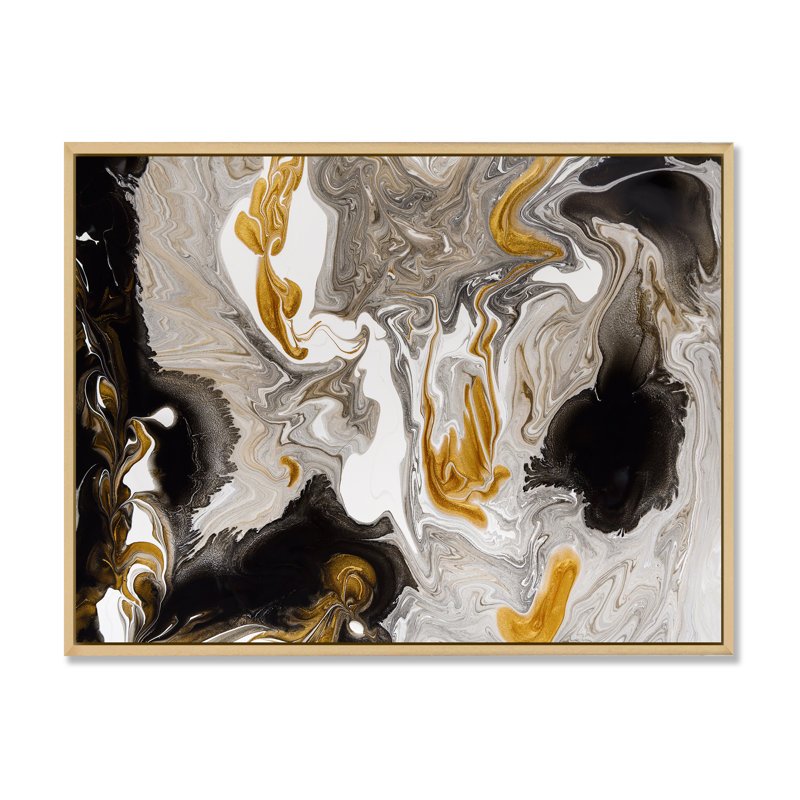 Or et vagues de marbre noir I - peinture sur toile, H 24 po x l 32 po, Cadre flottant, Érable