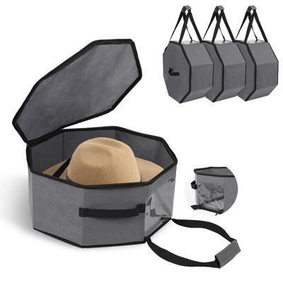 Ensemble de 3 boîtes de rangement pour chapeaux pliables avec poignées et bandoulière, grand organisateur anti-poussière pour chapeaux de cowboy / Fedora / soleil, gris, 16,5 x 16,5 x 7,5 pouces