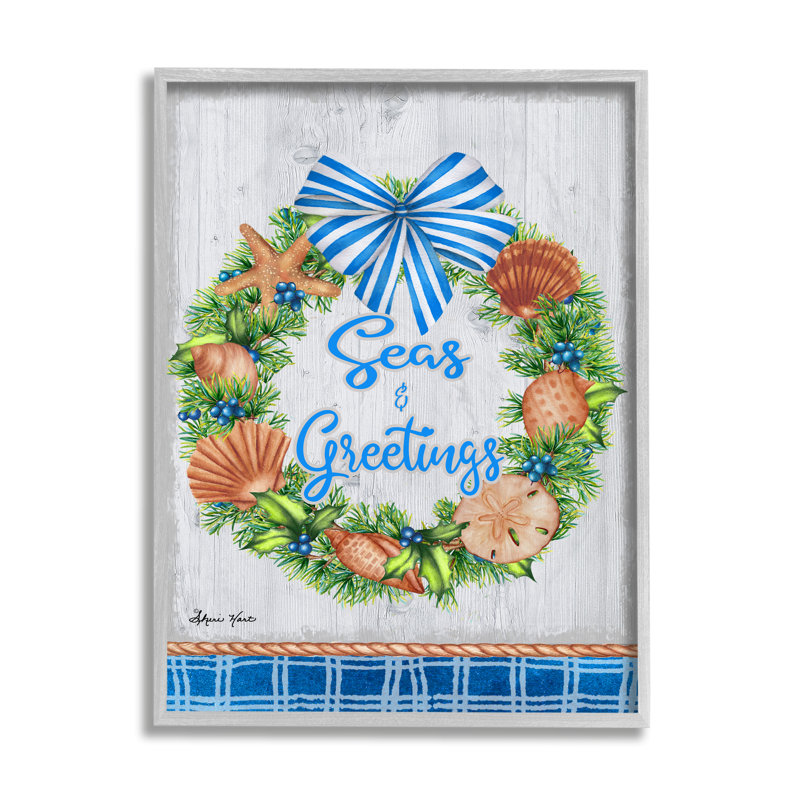 «Seas and Greetings Nautical Holiday Wreath» par Sheri Hart - impression d'art graphique, Estampe numérique Farmhouse