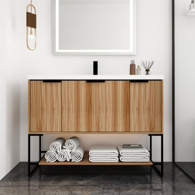 Commode de salle de bain autoportante 48 po avec lavabo en résine et - finition - porte de meuble-lavabo de luxe 48 po