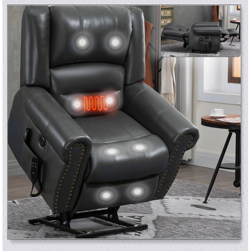 Power Lift Recliner Chair Heat Massage Dual Motor Infinite Position Up to 350 LBS, Faux Leather, Gray Faux Leather