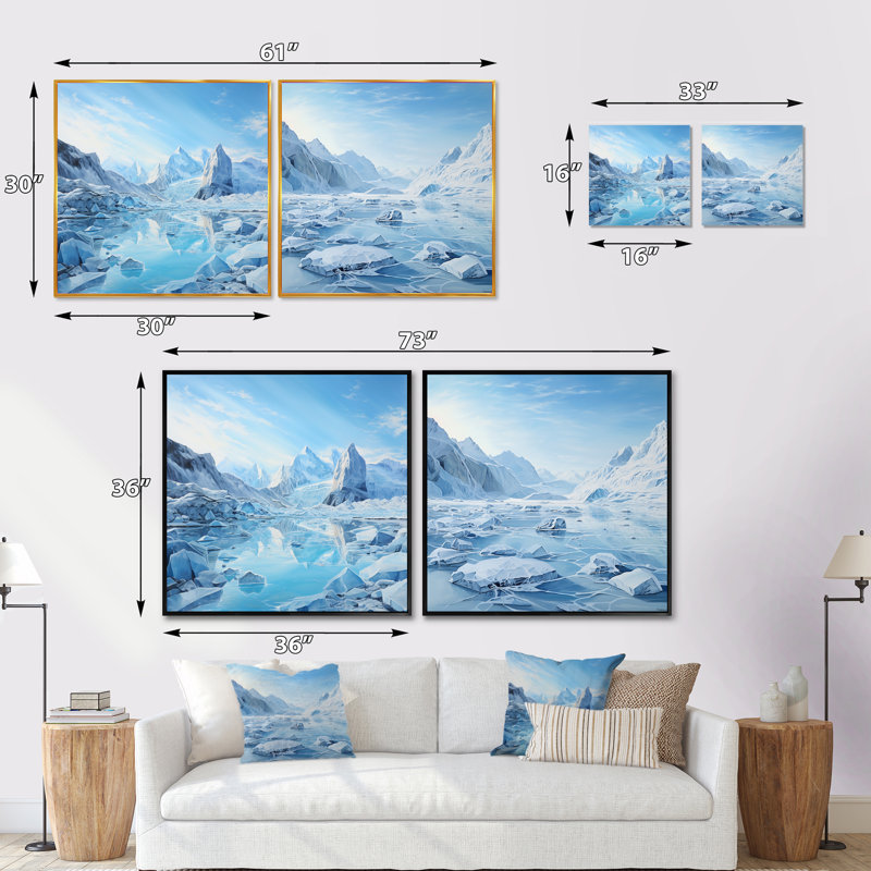 Glacier Winter Scenery au Groenland - ensemble de 2 collages carrés Glacier, Cadre flottant brun, H 30 po x l 61 po
