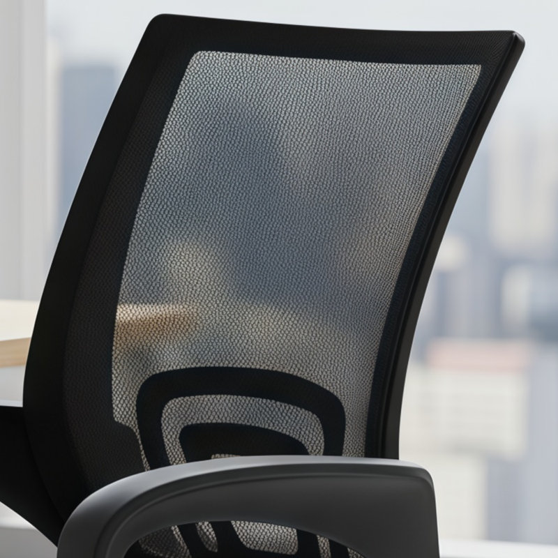 Chaise de bureau noire avec accoudoirs, conception ergonomique, hauteur de soutien lombaire réglable, modèle à usage domestique.