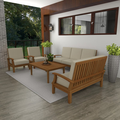 Alaincourt Brown Teak Wood Patio Conversation Set Outdoor Seating Set with Cushions, Set of 5 77", 54"W