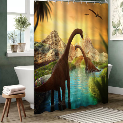 Fantasy Dinosaur Landscape Mountains Shower Curtain with 12 Hooks