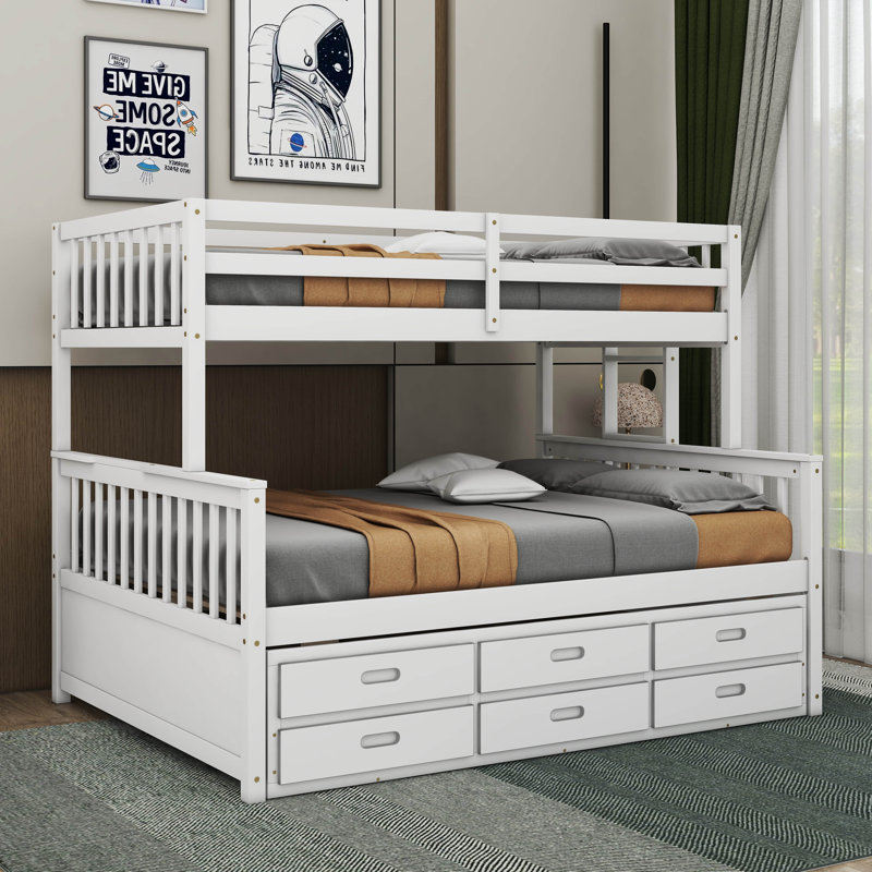 Kids Twin Over Full Bunk Bed with Trundle with Drawers, White