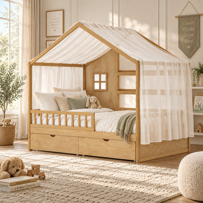 Emerson Full Size Kids Platform Bed with 2 Storage Drawers, Guardrails, House-Style Frame
