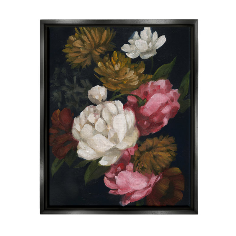 Arrangement de pivoines sur toile, H 21 po x l 17 po, Cadre flottant noir de jais