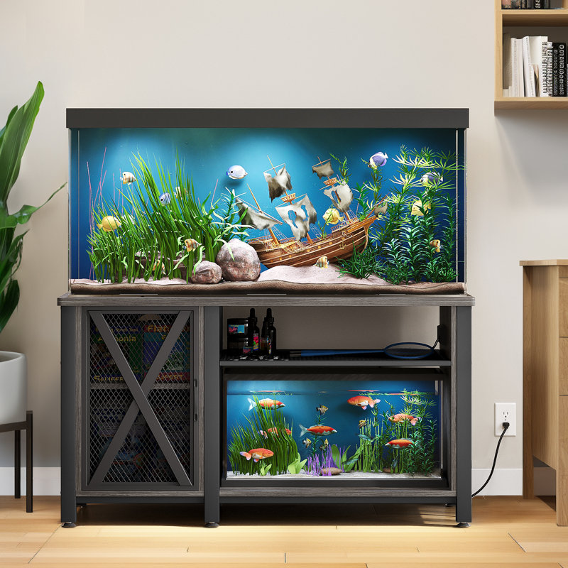 Gray Heavy Duty Metal Aquarium Stand with Cabinet and Power Outlets