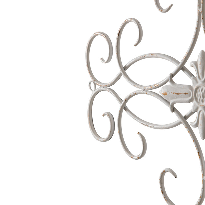 Vintage Large Distressed White Wrought Iron Wall Decor 32" X 18", Handmade Rustic Scroll Metal Wall Art, Hanging Vertical And Horizontal