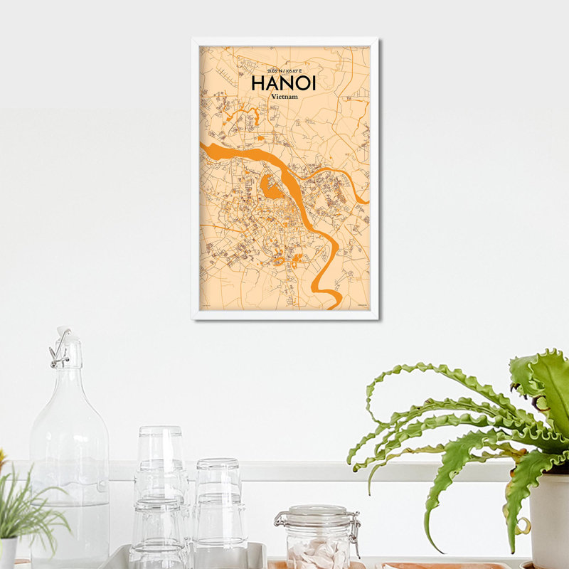 Hanoi, carte de la ville, impression, H 17 po x l 11 po, Orange / or pâle