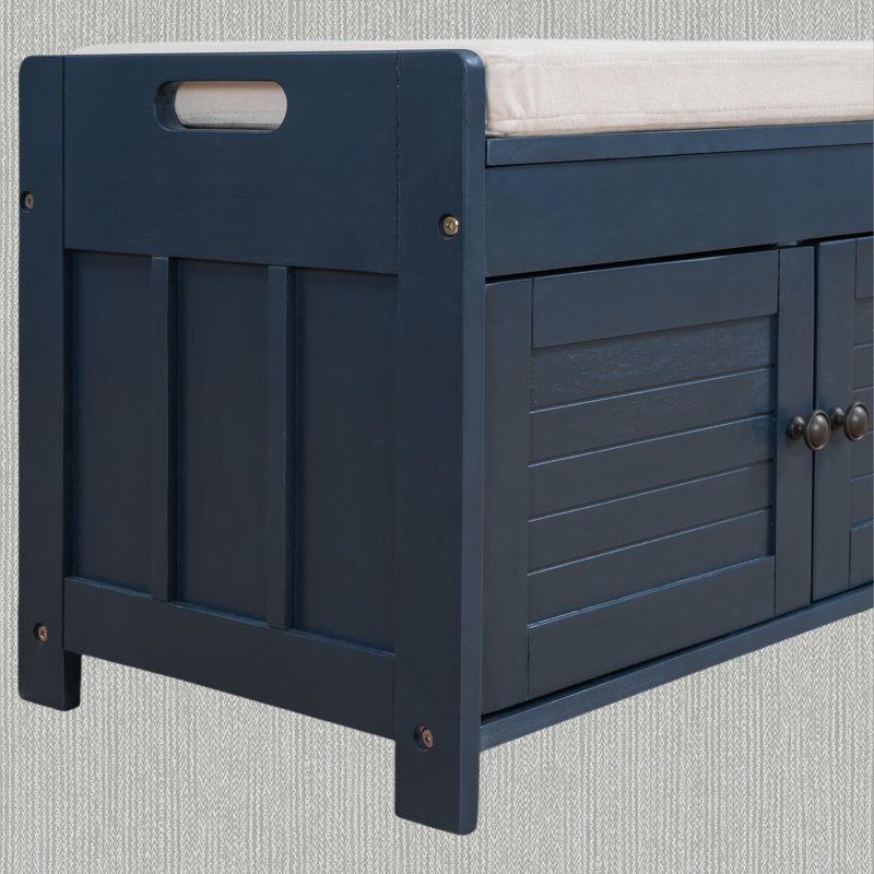 Upholstered Storage Bench with 2 Cabinets, Antique Navy