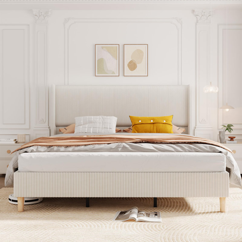 Cadre de lit plateforme rembourré en velours côtelé, tête de lit capitonnée à oreilles, cadre en métal robuste et sommier à lattes en bois, capacité de 500 kg, convient aux matelas de 20 à 30 cm d'épaisseur, aucun sommier requis