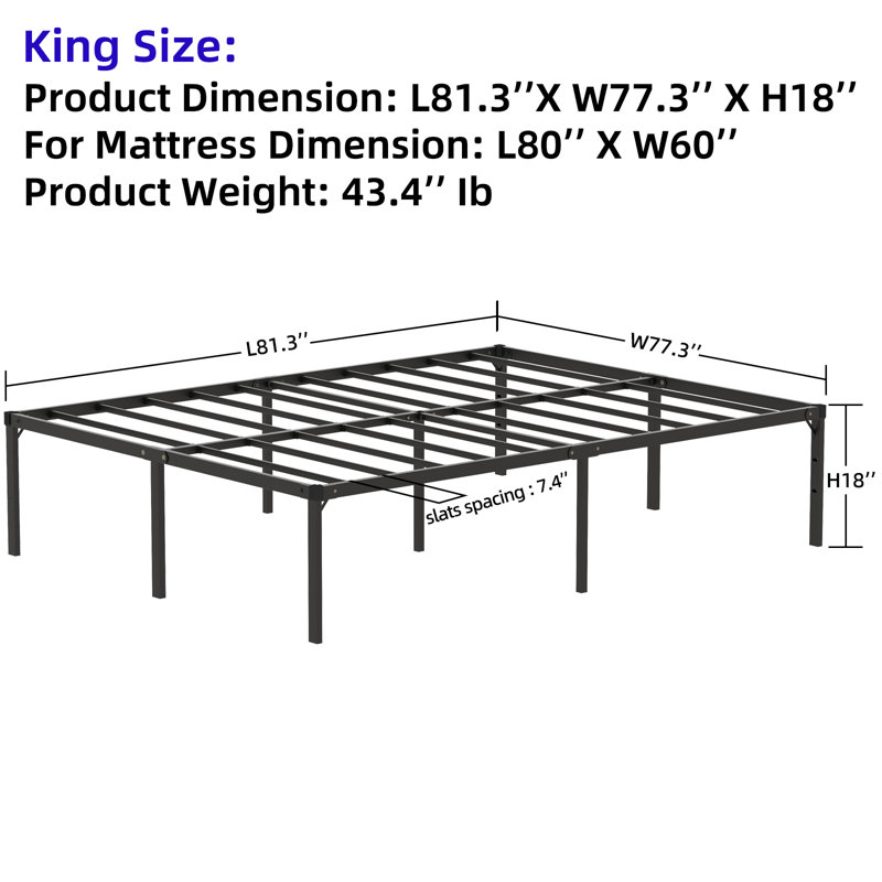 18" Steel Bed Frame Heavy-Duty Noise-Free No Boxspring Needed, Enough Storage Space Underbed, King