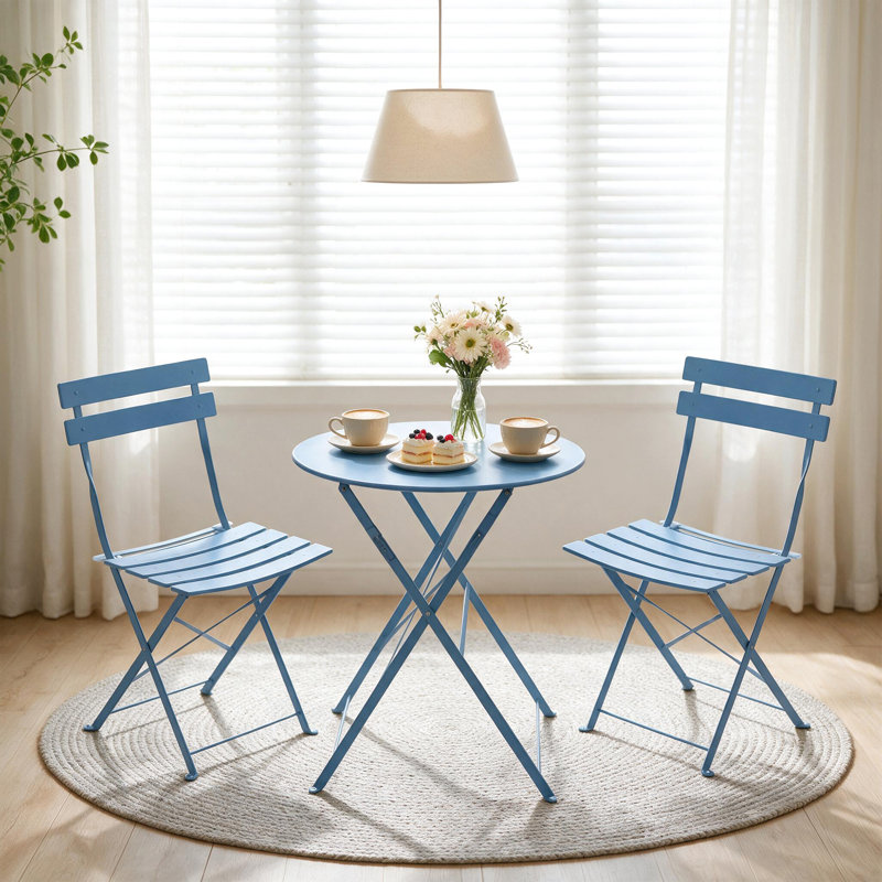Ensemble de bistro pliant en acier 3 pièces, Bleu