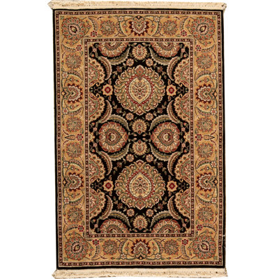 Tapis vert, crème et rouge noué à la main de haute qualité