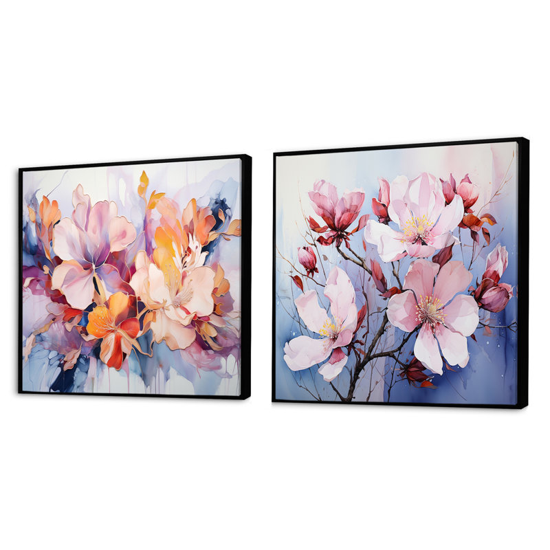 «Purple Botanical Whispers», ensemble de 2 collages carrés botaniques abstraits, Cadre flottant noir, H 30 po x l 61 po