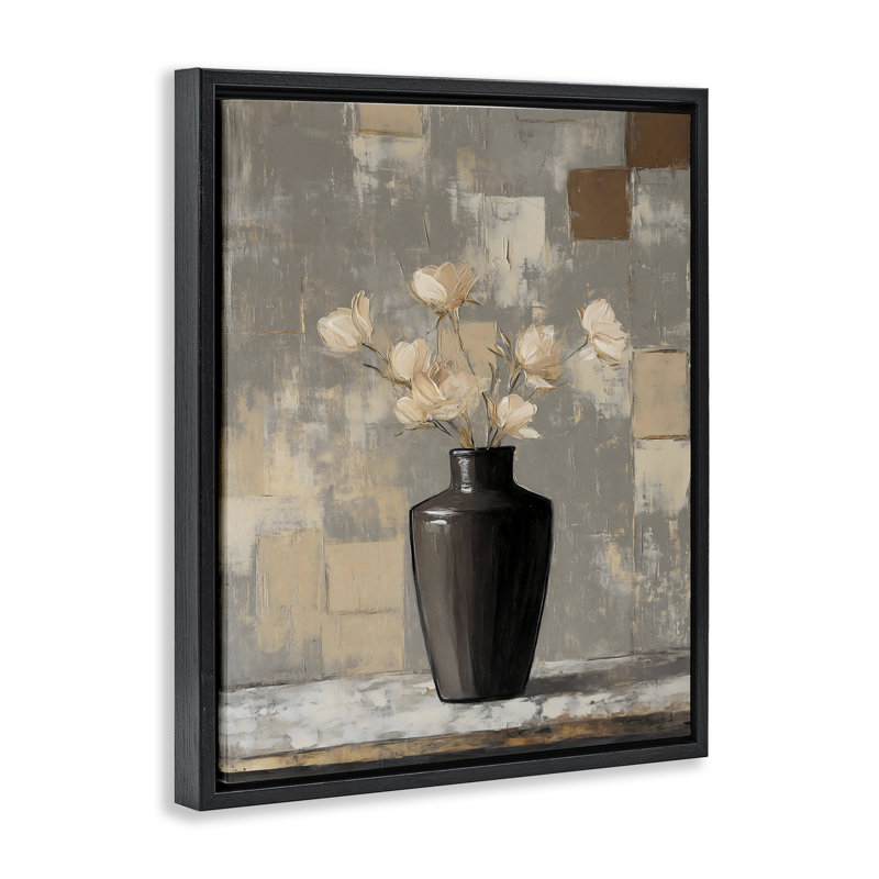 Vase moderne noir et cadre flottant à fleurs, design par Franklyn Gregory, H 31 po x l 25 po, Cadre flottant noir de jais