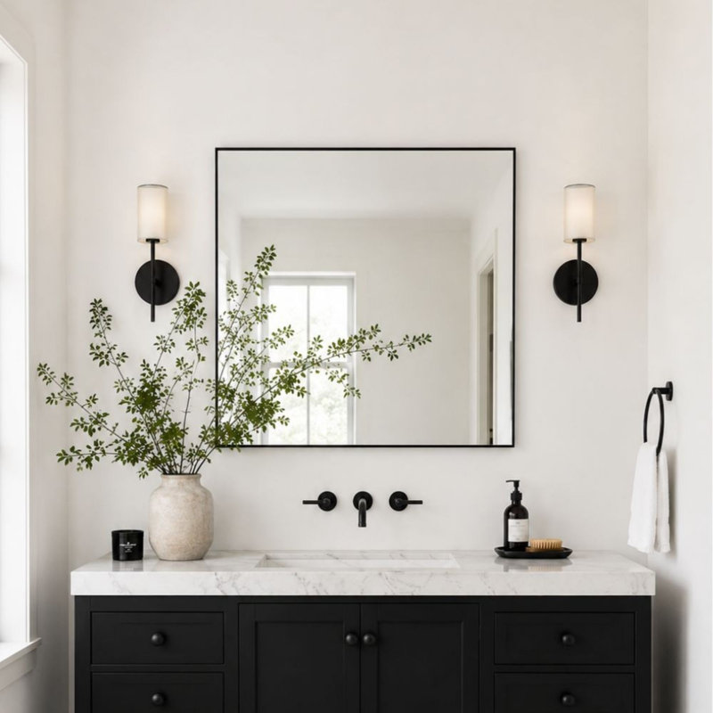 Miroir de salle de bain carré Lilian, miroir mural carré noir mat, 45 x 45 pouces, miroir carré noir mat pour salle de bain