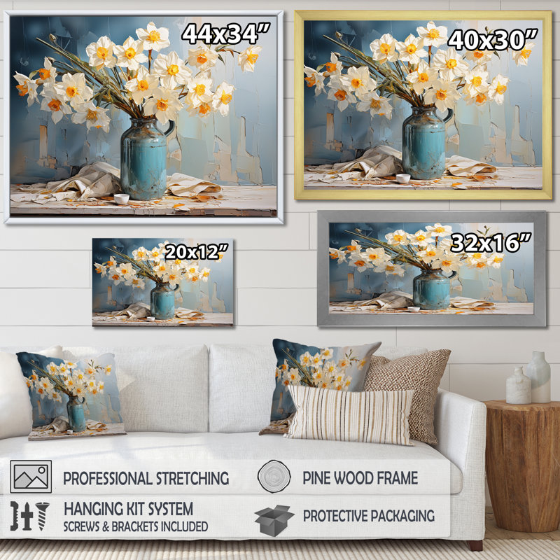 Daffodils Farmhouse Still Life I - Jonquilles, art mural, Toile tendue, H 12 po x l 20 po x P 1 po