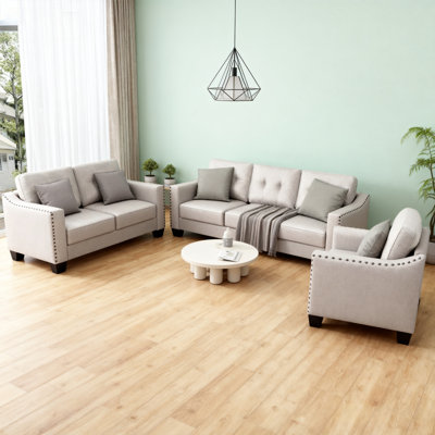 3-Piece Living Room Sofa Set with Tufted Back, Upholstered Couch, Loveseat and Armchair, Modern Fabric Furniture Set with Nailhead Trim