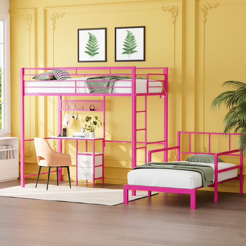Lit superposé simple en métal avec bureau, tiroirs, bande DEL, station de charge USB, garde-corps et échelle, Rose