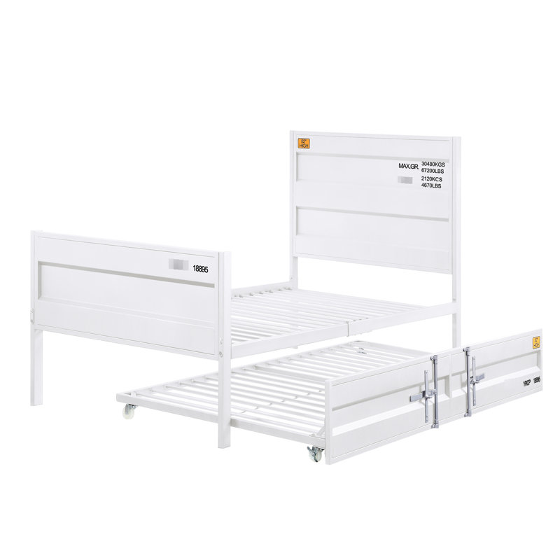 Lit plateforme double en métal de style industriel, blanc, avec thème de contenant de chargement, sommier tapissier non nécessaire, nécessaire pour un attrait de chambre à coucher moderne