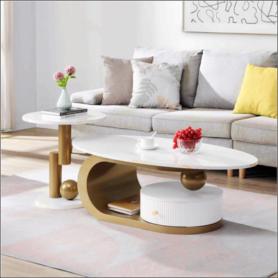 Modern Nesting Golden Coffee Table Set Of 2, Elegant Faux Marble And Metal Frame For Living Room, Oval And Round Tables