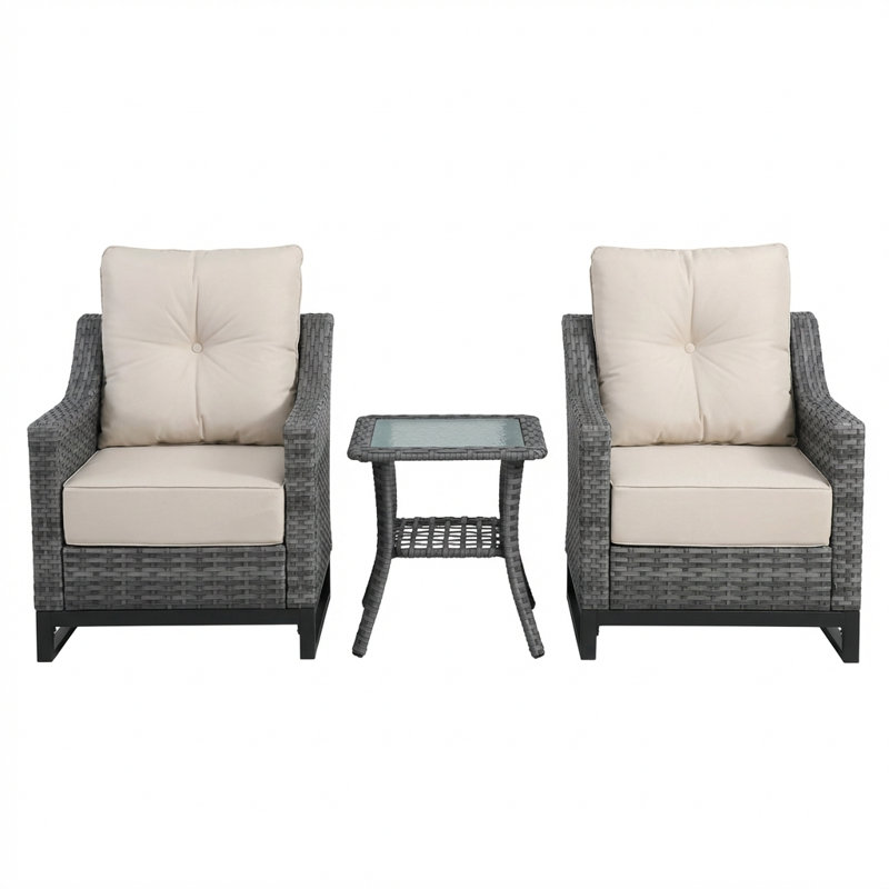 3 Piece Patio Furniture Set, Outdoor Conversation Set With 2 Wicker Armchairs And Glass Top Side Table, Pe Rattan Patio Chairs With 6 Inch Olefin Cushions, 350 Lbs Capacity For Porch, Balcony, Backyard, Deck, Grey/Beige
