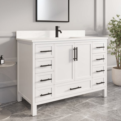 Meuble-lavabo simple en bois massif l 48 po x P 22 po Houston II avec rangement discret et plateau en pierre reconstituée