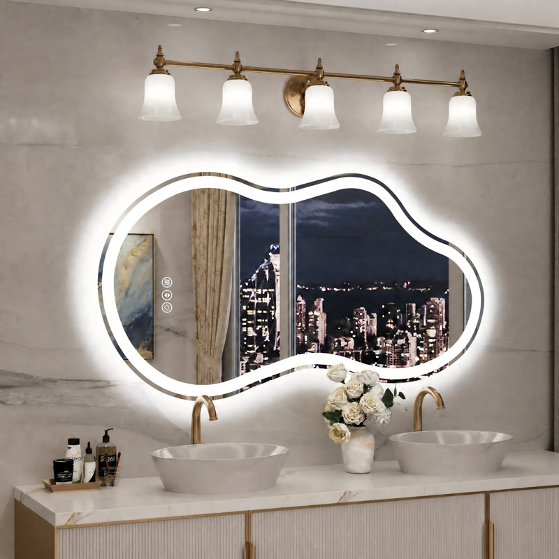 Lunara UL Certified Asymmetrical Frontlit&Backlit LED Bathroom Vanity Mirror, Irregular Wall Mirror with 4mm Tempered Glass, Dimmable