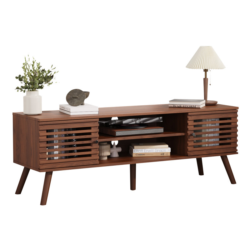 53" Mid Century Modern Tv Stand For 50/55/60 Inch Tv, Tv Media Console With Slatted Doors For Tvs Up To 60", Entertainment Center With Storage For Living Room, Bedroom, Walnut