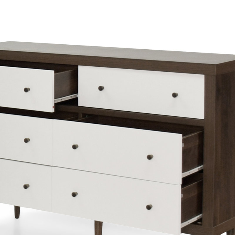 Commode Blythdale avec 6 tiroirs et pieds en bois d'hévéa, Noyer / Blanc