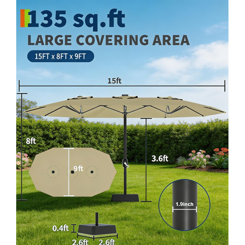Grand parasol de patio avec base incluse, Kaki