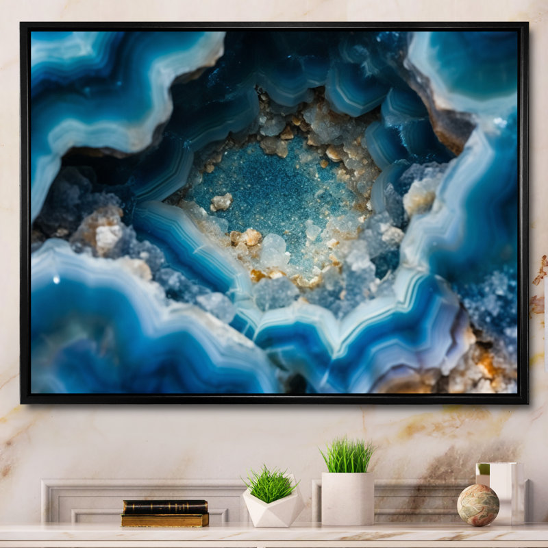Geode Gems I - Décoration murale géode en pierre, H 30 po x l 40 po x P 1,5 po, Cadre flottant noir
