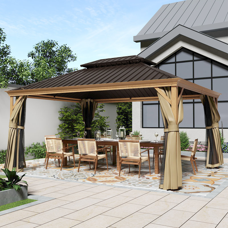 Aluminum Patio Gazebo, 12' W x 16' D, Wood Grain, Gray/Brown