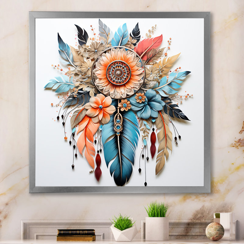 «Orange Boho Flowers And Blue Feathers I», reproduction sur toile, H 36 po x l 36 po x P 1,5 po, Cadre simple argenté