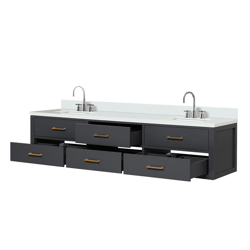 Meuble-lavabo double avec plan de travail en marbre reconstituÃ© et ensemble de robinetterie, Quartz, Noir, noir, noir, noir