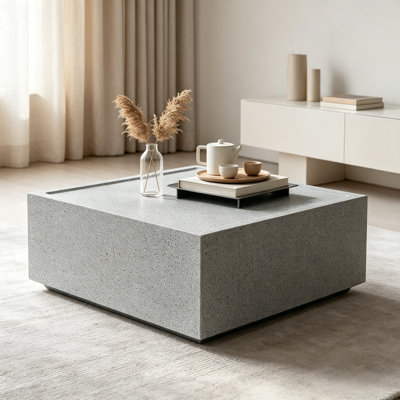 28" Square Indoor/Outdoor Coffee Table,Modern Cylinder Accent End Table-Neutral Gray