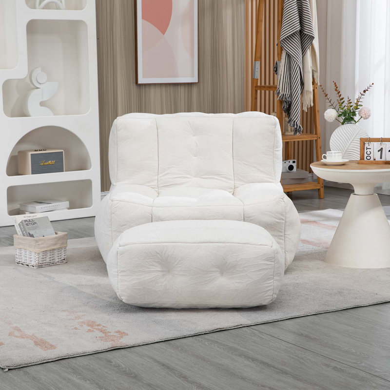 Fauteuil à billes moelleux avec mousse à mémoire de forme et repose-pieds, Velours blanc