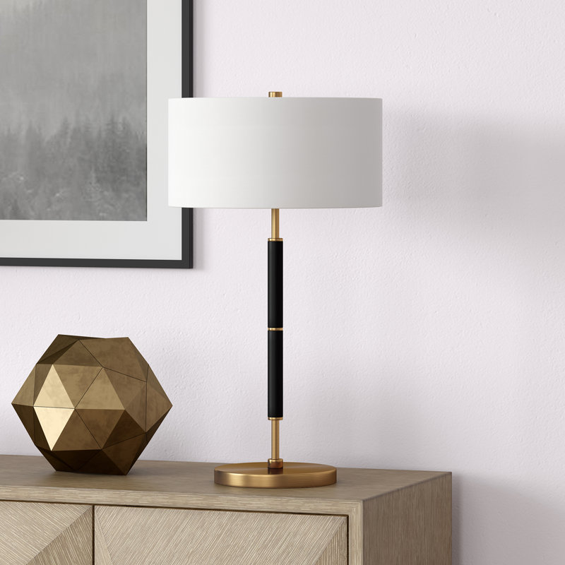 Grande lampe de table 2 lumières avec abat-jour en tissu noir / laiton / blanc 25 po Simone, Noir/laiton