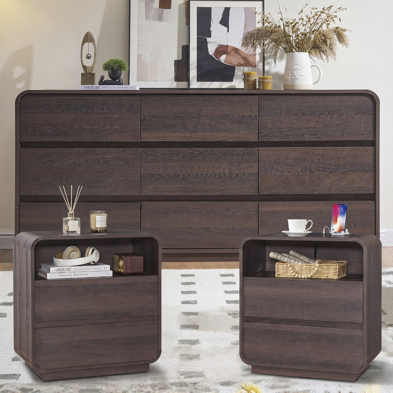 Ensemble de chambre à coucher 3 pièces en noyer courbé avec station de charge, Walnut