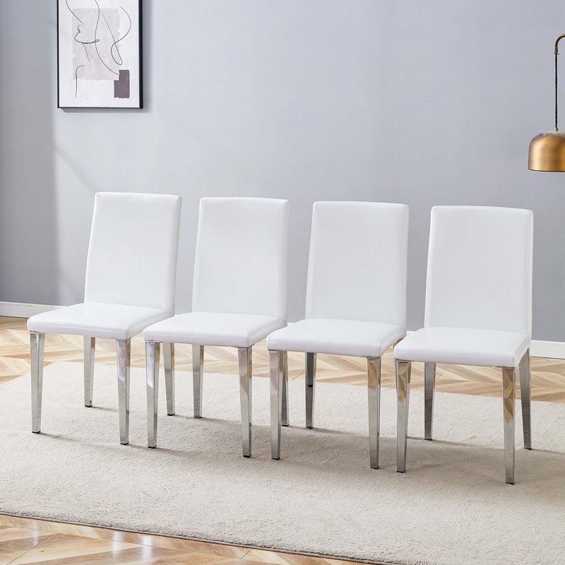 Ronald PU Leather Dining Chairs with Metal Legs, 4, Silver, White