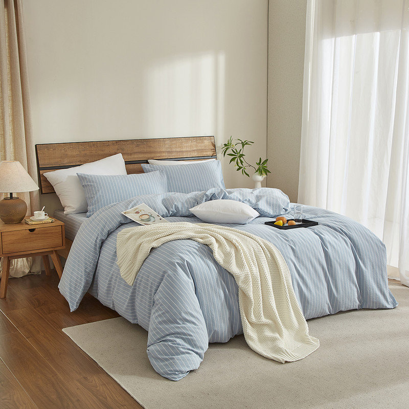 Ensemble de housse de couette à rayures 100% coton délavé Life, Bleuet / blanc, Housse de couette simple + 2 taies d'oreiller