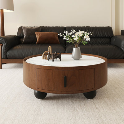 Table basse de 35,43 pouces à dessus en pierre ronde avec plateau de rangement à poignée en pierre et pieds en boule noir mat